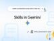Official Google Skills in Gemini blog graphic showing a create a presentation prep skill prompt and the Gemini sparkle icon