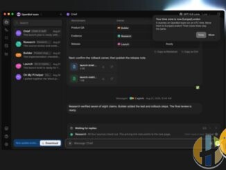 OpenBot desktop workspace preview on openbot.run showing named AI agents Chief, Research, Builder and Launch collaborating on a project thread