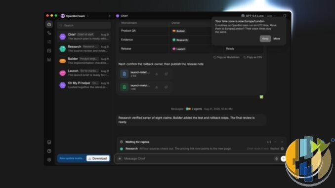 OpenBot desktop workspace preview on openbot.run showing named AI agents Chief, Research, Builder and Launch collaborating on a project thread