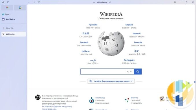 The Arc browser on Windows showing its left sidebar with pinned Gmail and Calendar tiles, a Space, an Arc Basics folder and an open Wikipedia tab