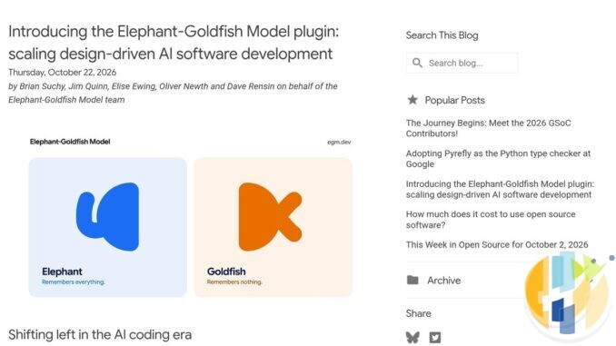 Google Open Source Blog post introducing the Elephant-Goldfish Model plugin, with the blue Elephant and orange Goldfish artwork under the headline