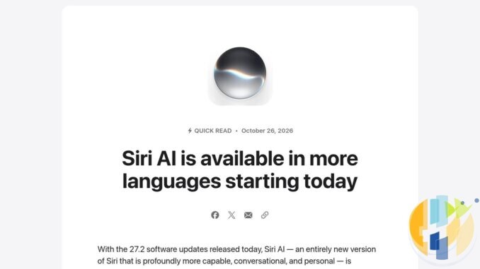 Apple Newsroom quick read dated 26 October 2026 with the Siri orb and the headline Siri AI is available in more languages starting today