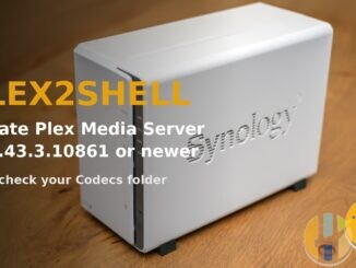 Synology DiskStation NAS of the kind many people run Plex Media Server on, with text telling owners to update Plex to 1.43.3.10861