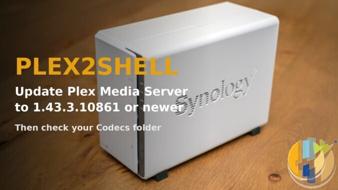 Synology DiskStation NAS of the kind many people run Plex Media Server on, with text telling owners to update Plex to 1.43.3.10861