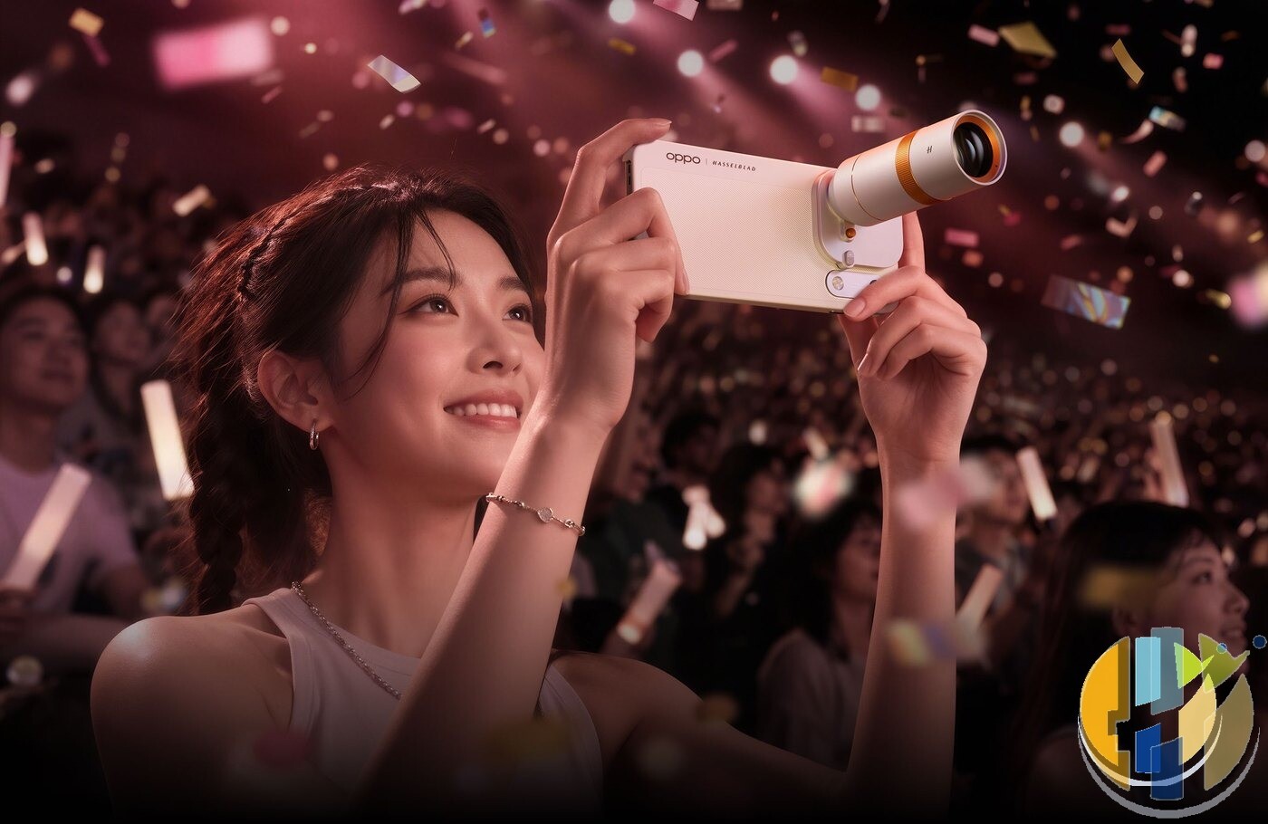 OPPO promotional photo of a concert-goer using a Find X10 Pro Max with the Hasselblad Teleconverter Kit attached