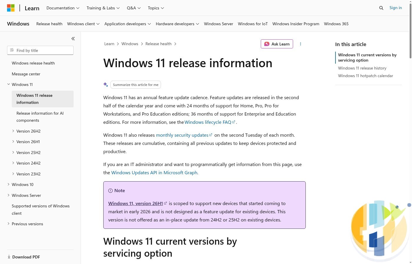 Microsoft Learn Windows 11 release information page showing version servicing notes and 26H1 scope