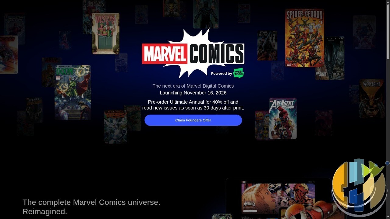 Official marvel.webtoon.com landing page promoting the Marvel Comics app launching 16 November 2026 and the Founders Offer