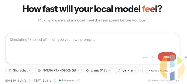 The llmspeed.dev home screen with the default RTX 4090, Llama 3.1 8B and Q4_K_M setup showing 80 to 139 tokens per second, labelled Measured
