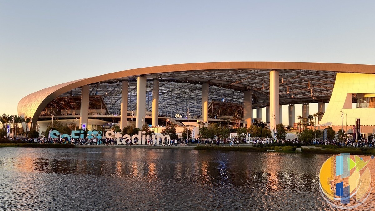 The curved roof and tall white columns of SoFi Stadium in Inglewood at sunset, with crowds walking past the SoFi Stadium sign beside a lake
