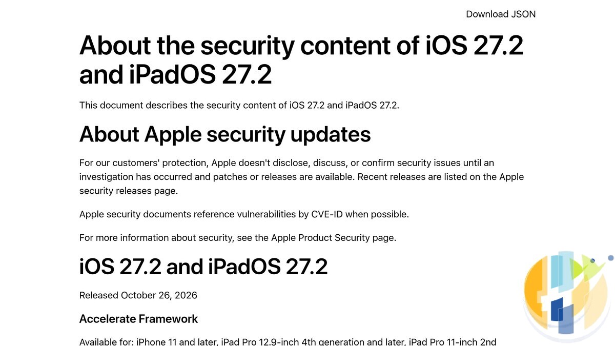 Apple Support page About the security content of iOS 27.2 and iPadOS 27.2, showing the heading and Released October 26, 2026