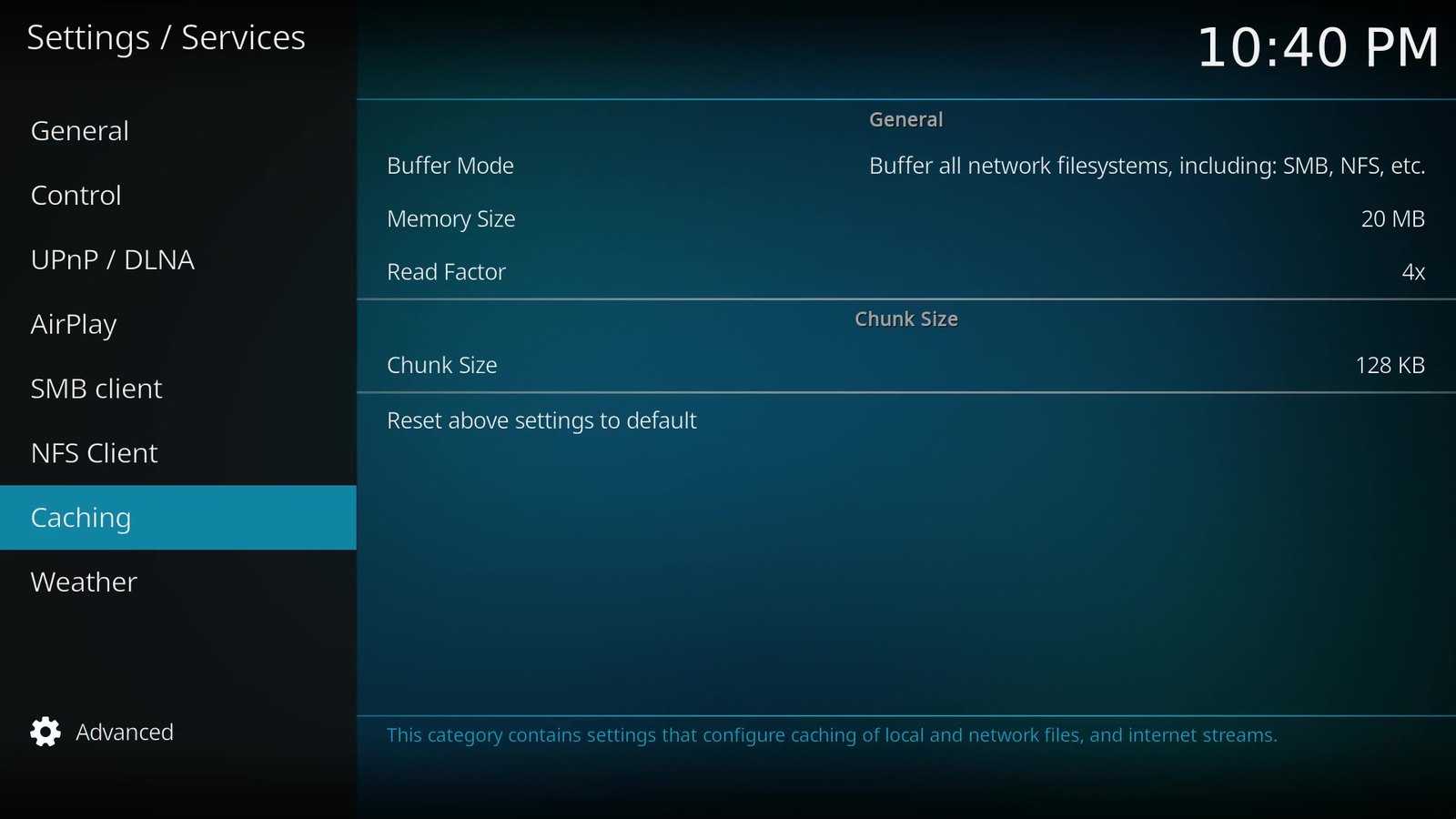 Kodi Services settings with the settings level set to Advanced and the Caching entry visible