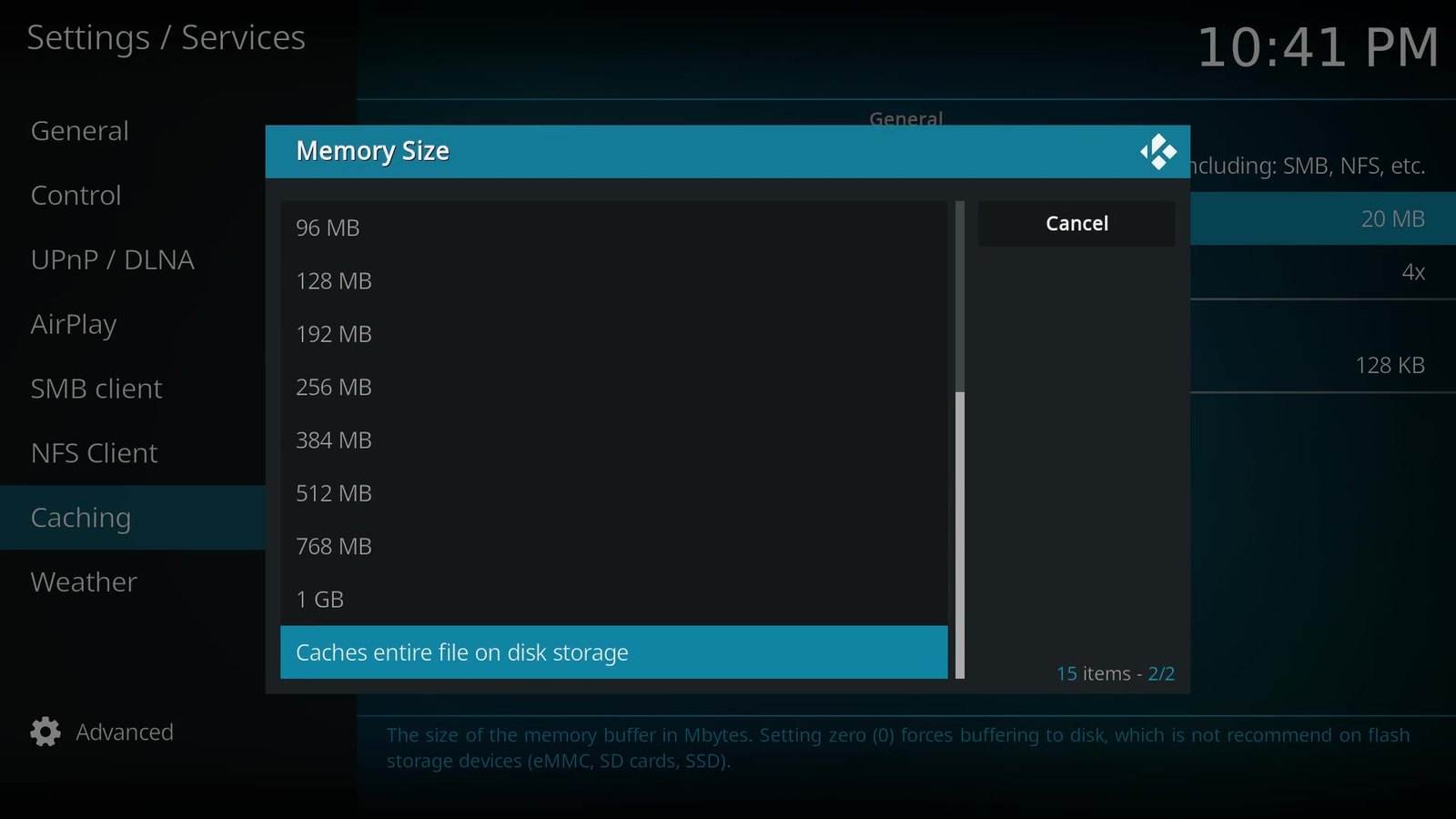 Kodi Memory size list for the video cache, with the disk storage option at the bottom