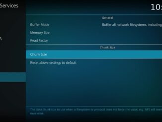 Kodi 21 Settings, Services, Caching page showing buffer mode, memory size, read factor and chunk size