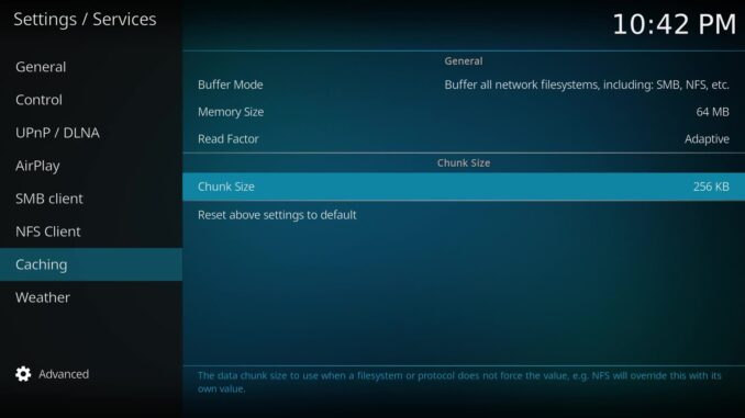 Kodi 21 Settings, Services, Caching page showing buffer mode, memory size, read factor and chunk size