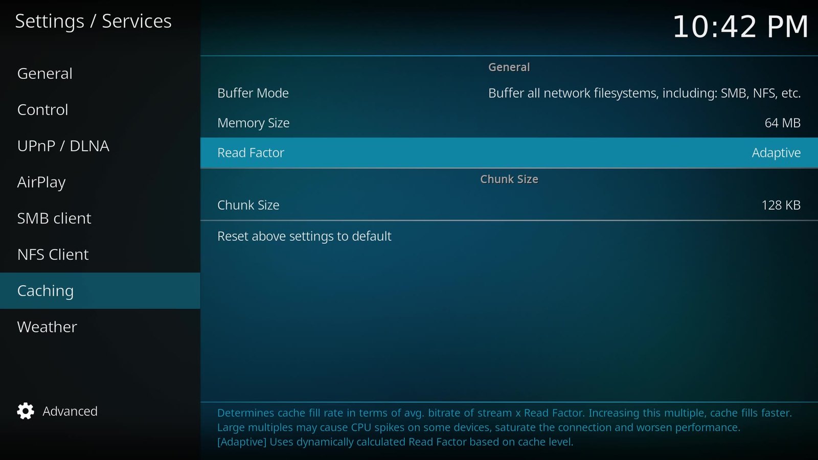 Kodi Caching settings page after changing the read factor