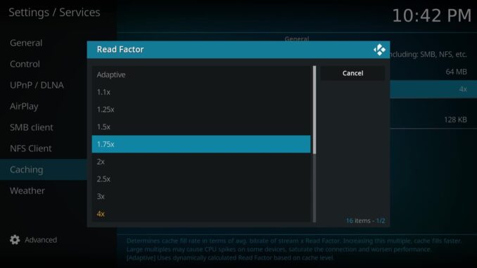 Kodi Read factor options list with Adaptive at the top